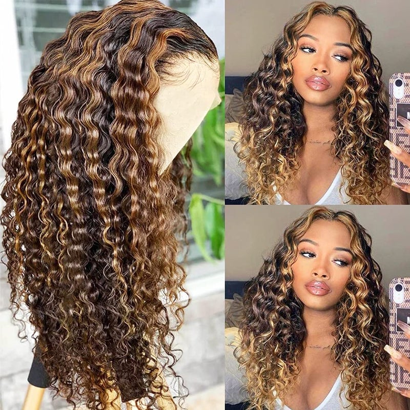 Pizazz Honey Blonde Lace Front Wigs Human Hair Pre Plucked 427 Ombre Highlight HD Lace Frontal Wigs with Baby Hair 180 Density 13x4 Deep Wave Frontal Wig 16 Inch